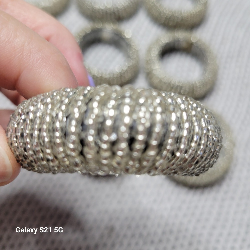Set of 9 Silver Beaded Napkin Rings Clear Seed Bead Table Decor 2 Inch Metal